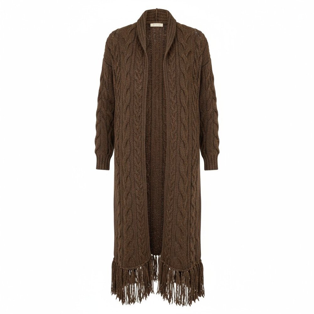 BY TOGETHER Women’s Brown Cable Knit Sweater Coat Open Front Full-Fit Small